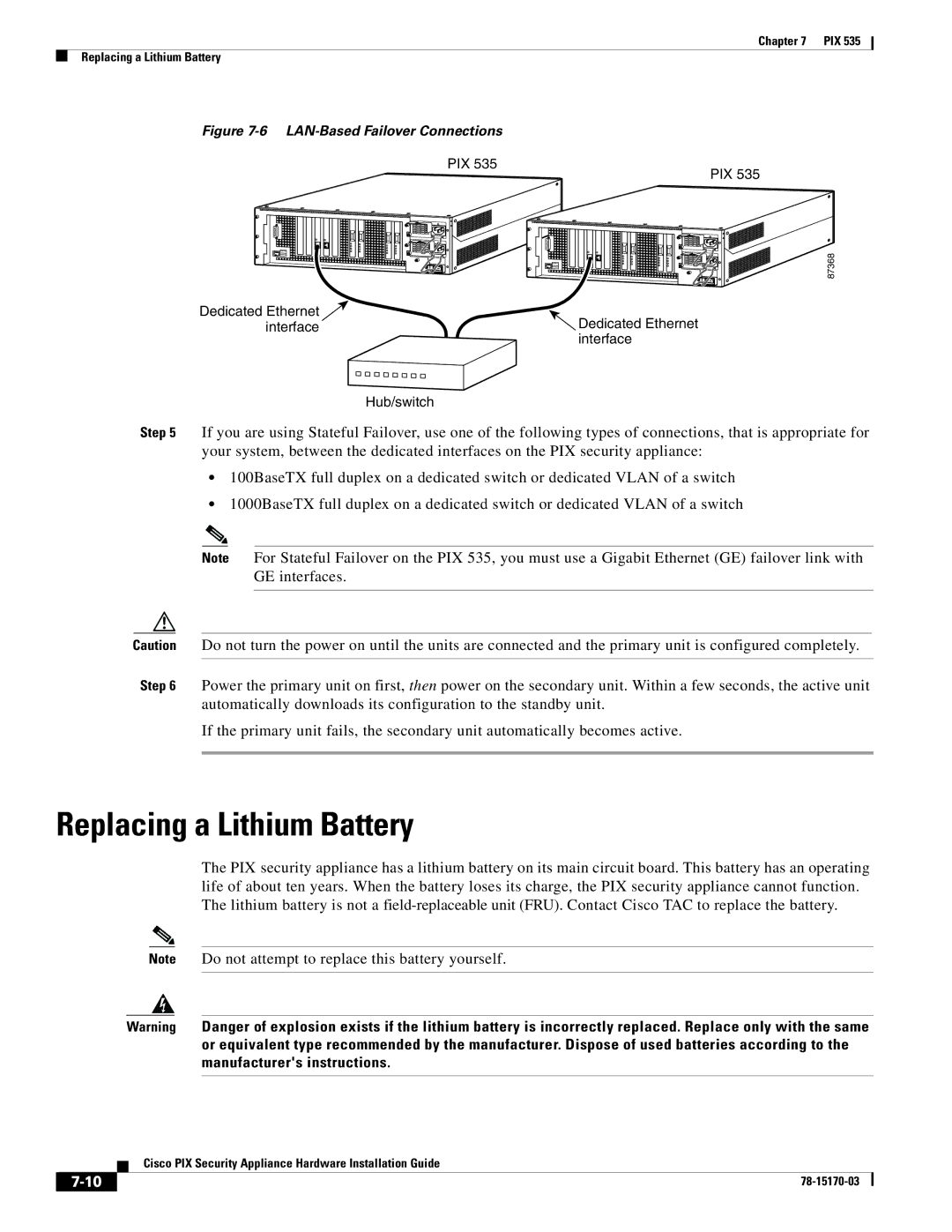 Cisco Systems 535 user service Replacing a Lithium Battery, LAN-Based Failover Connections 