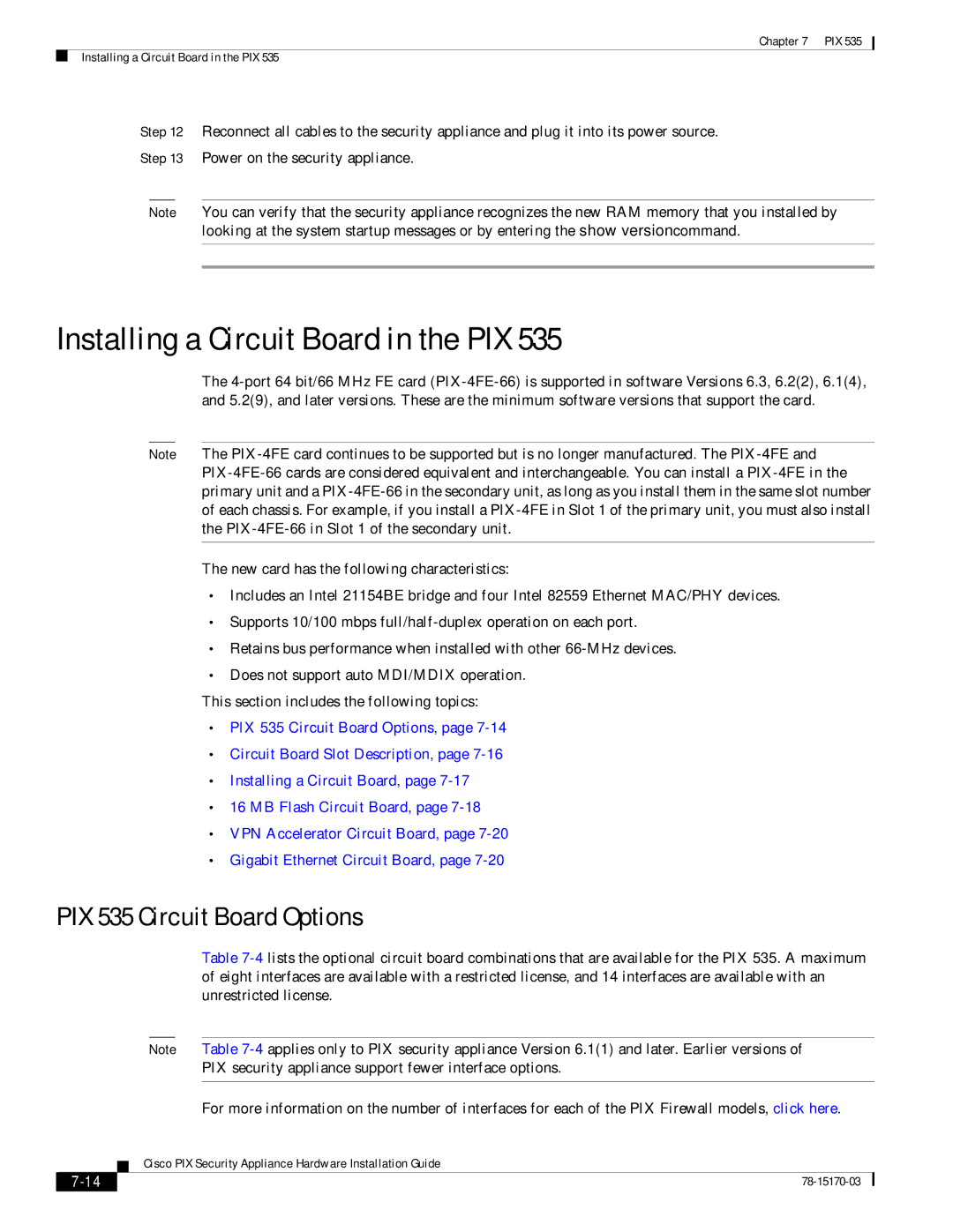 Cisco Systems user service Installing a Circuit Board in the PIX, PIX 535 Circuit Board Options 