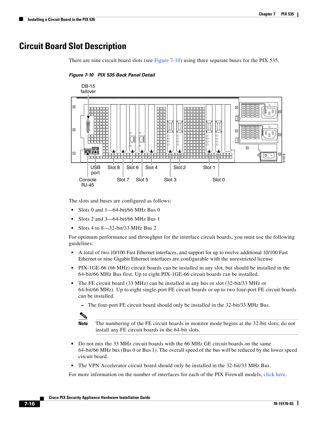 Cisco Systems user service Circuit Board Slot Description, PIX 535 Back Panel Detail 