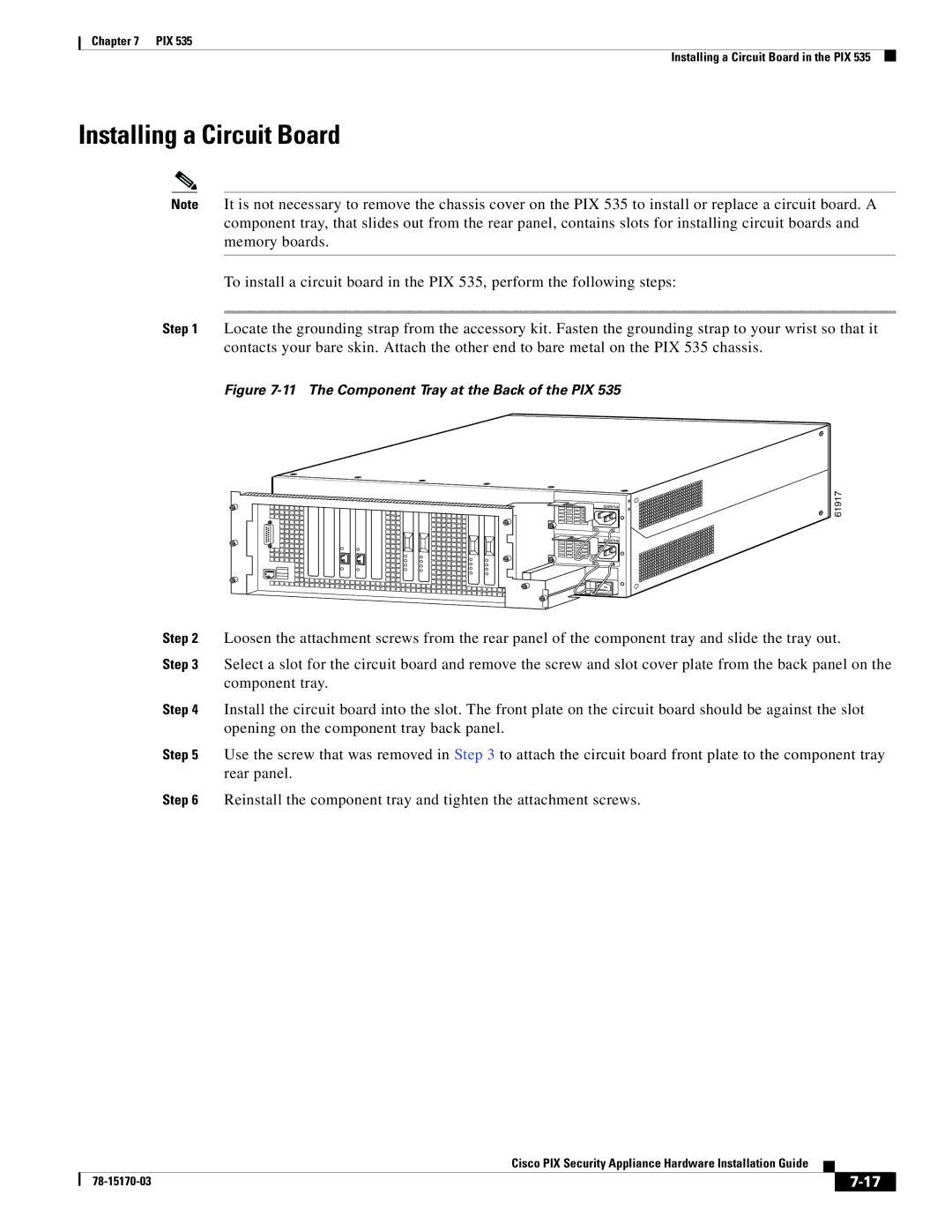 Cisco Systems 535 user service Installing a Circuit Board, The Component Tray at the Back of the PIX 