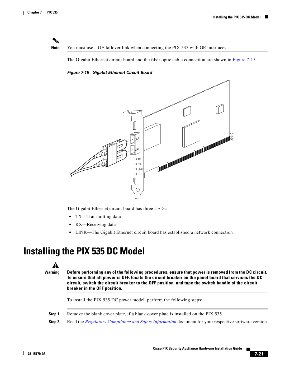 Cisco Systems user service Installing the PIX 535 DC Model, Gigabit Ethernet Circuit Board 