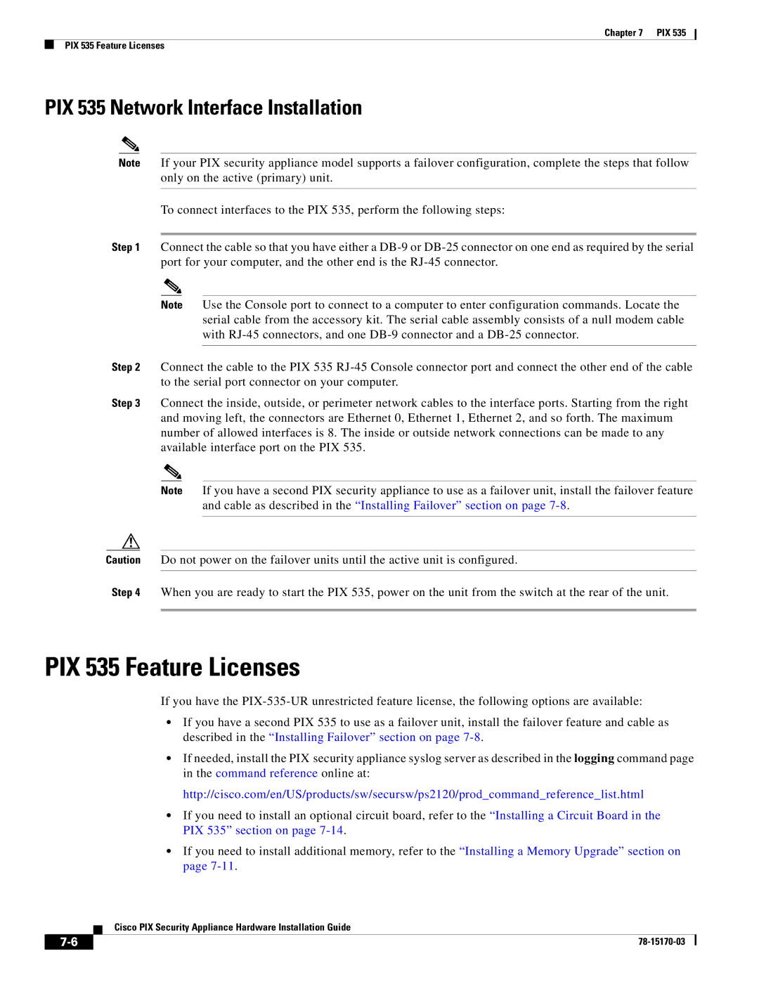 Cisco Systems user service PIX 535 Feature Licenses, PIX 535 Network Interface Installation 