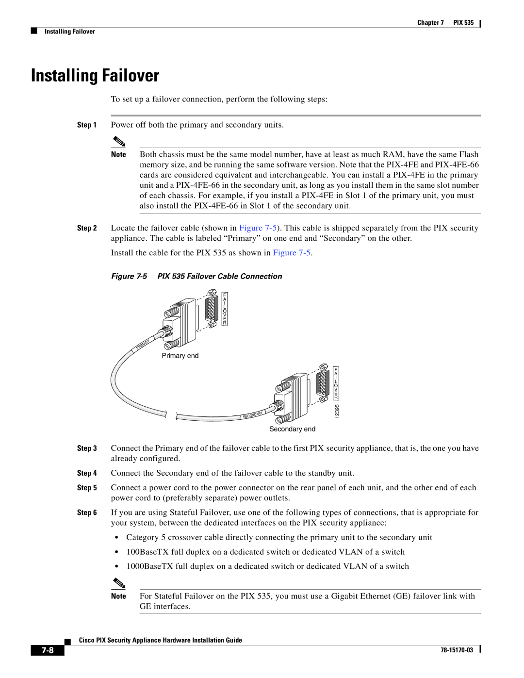 Cisco Systems user service Installing Failover, PIX 535 Failover Cable Connection 