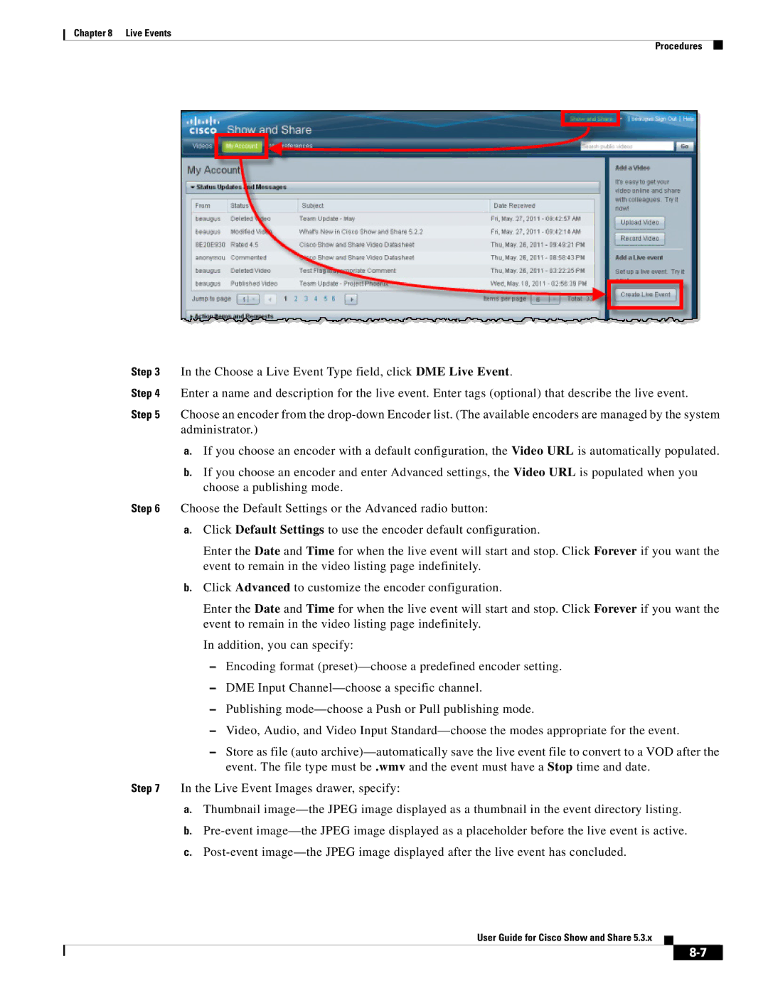 Cisco Systems 5.3.x manual Live Events Procedures 