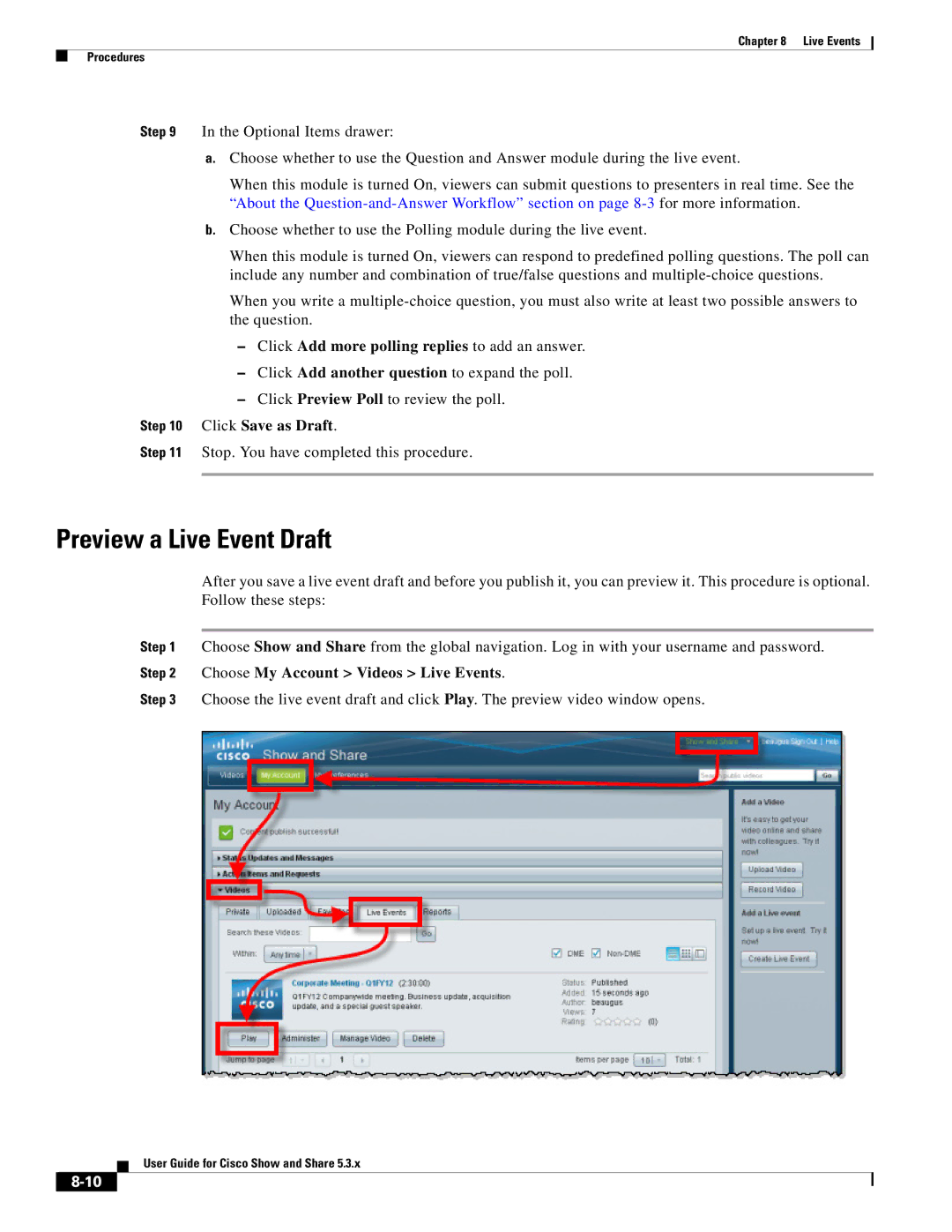 Cisco Systems 5.3.x manual Preview a Live Event Draft, Choose My Account Videos Live Events 