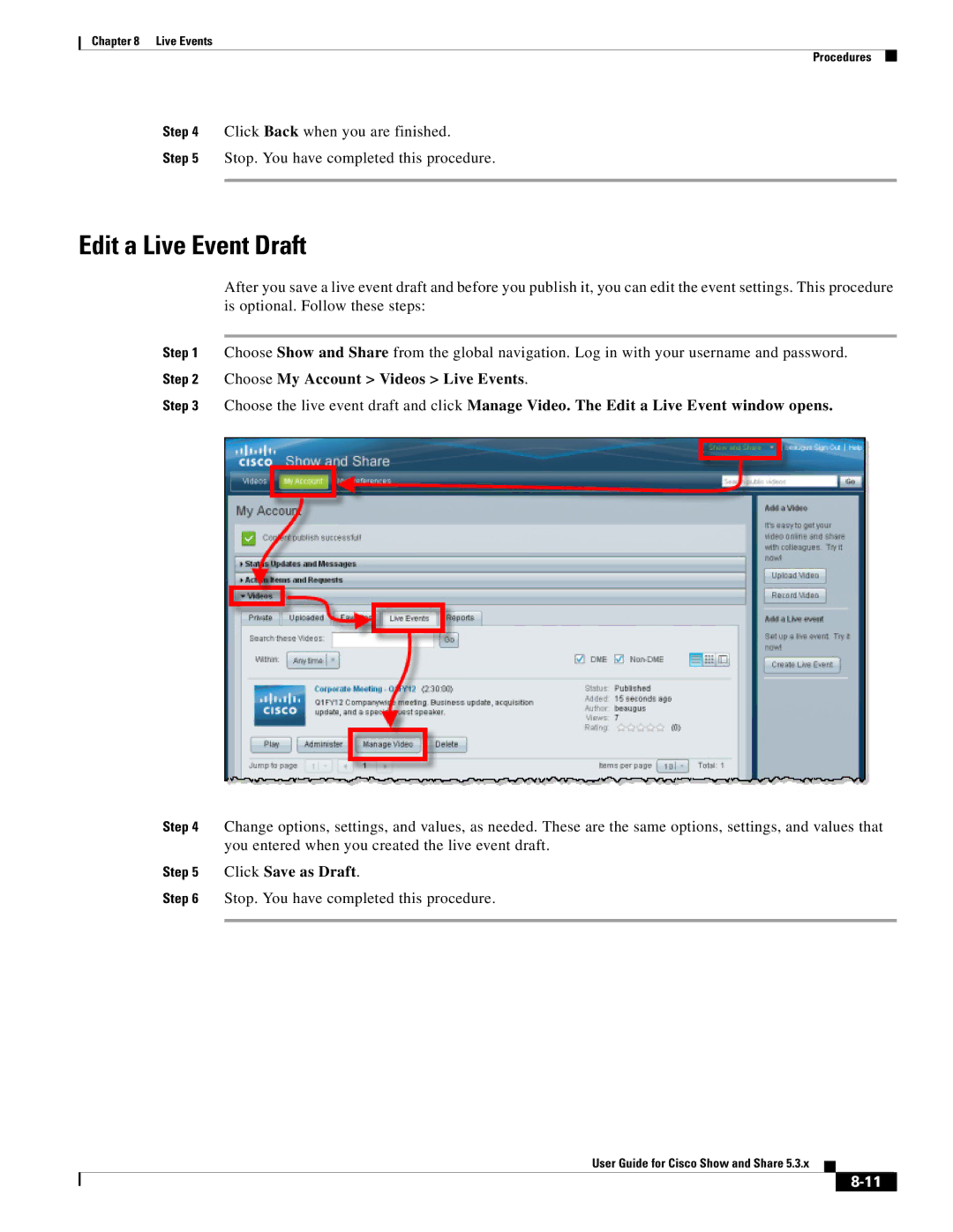 Cisco Systems 5.3.x manual Edit a Live Event Draft 