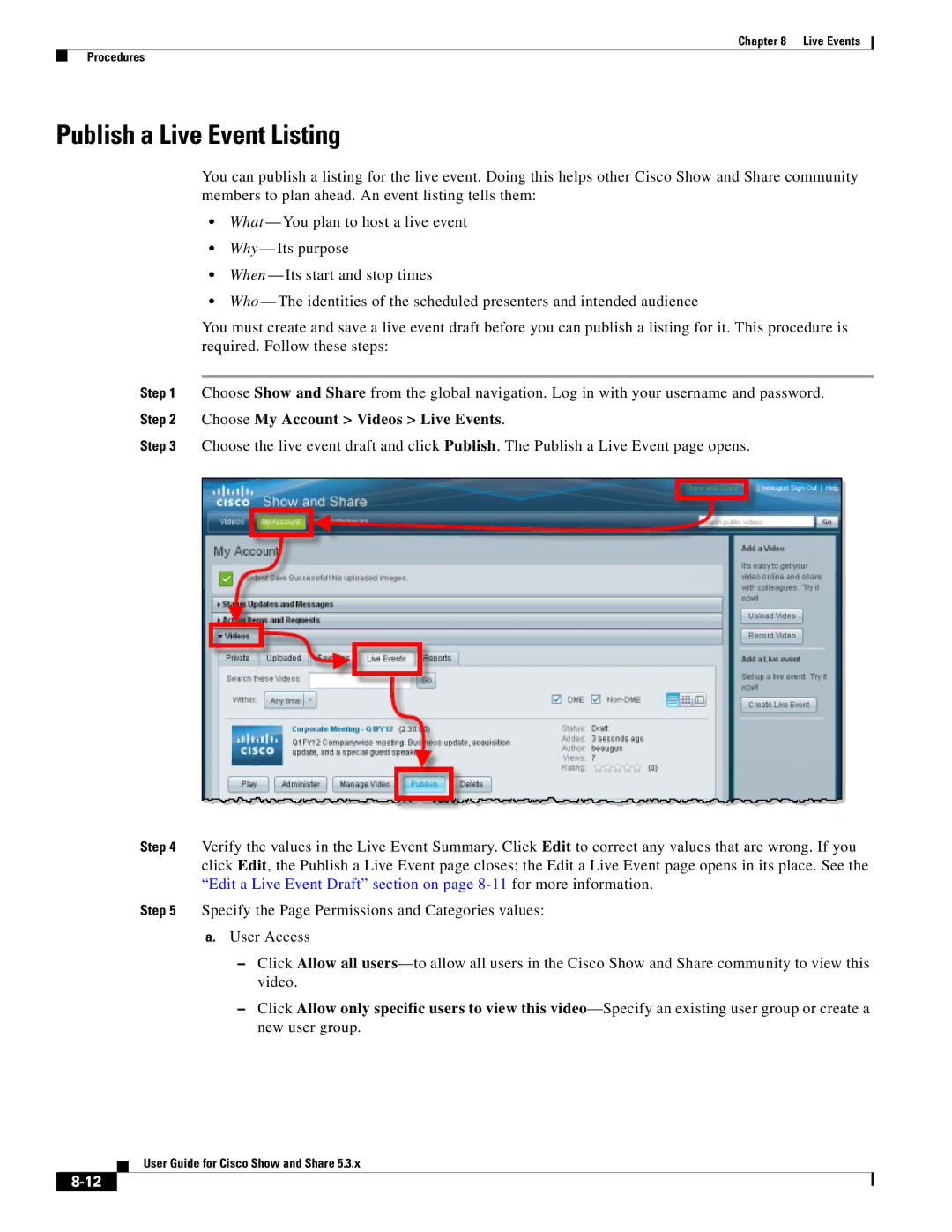 Cisco Systems 5.3.x manual Publish a Live Event Listing 