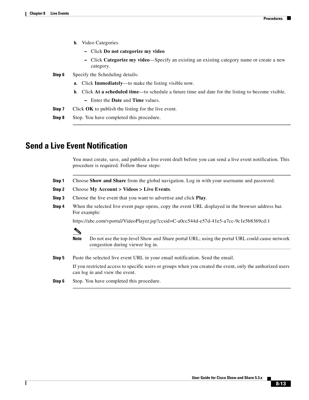 Cisco Systems 5.3.x manual Send a Live Event Notification, Click Do not categorize my video 