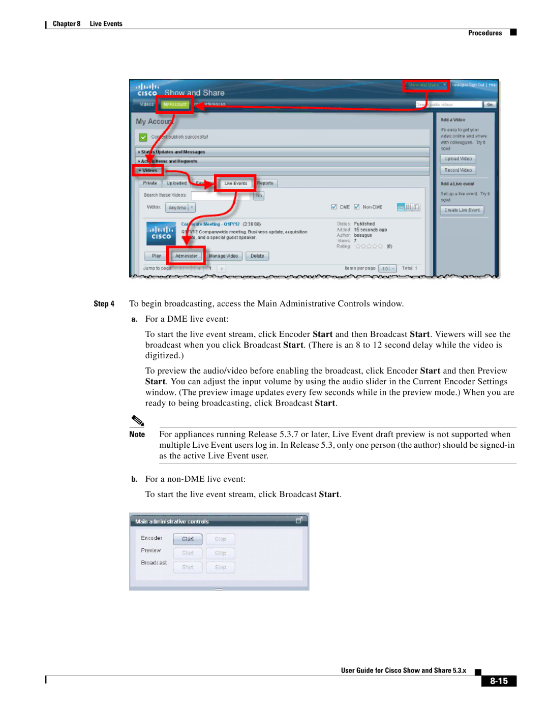 Cisco Systems 5.3.x manual Live Events Procedures 