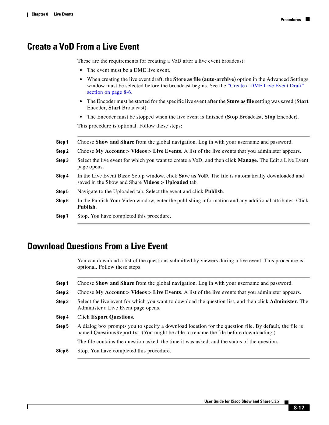 Cisco Systems 5.3.x manual Create a VoD From a Live Event, Download Questions From a Live Event, Click Export Questions 