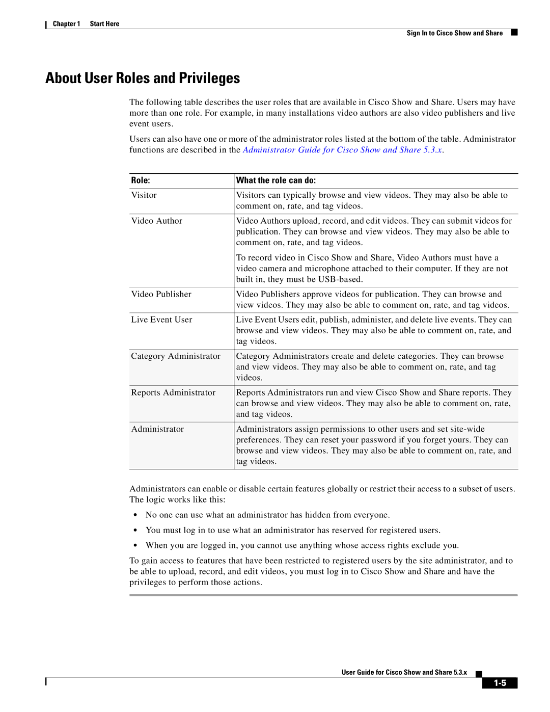 Cisco Systems 5.3.x manual About User Roles and Privileges, Role What the role can do 