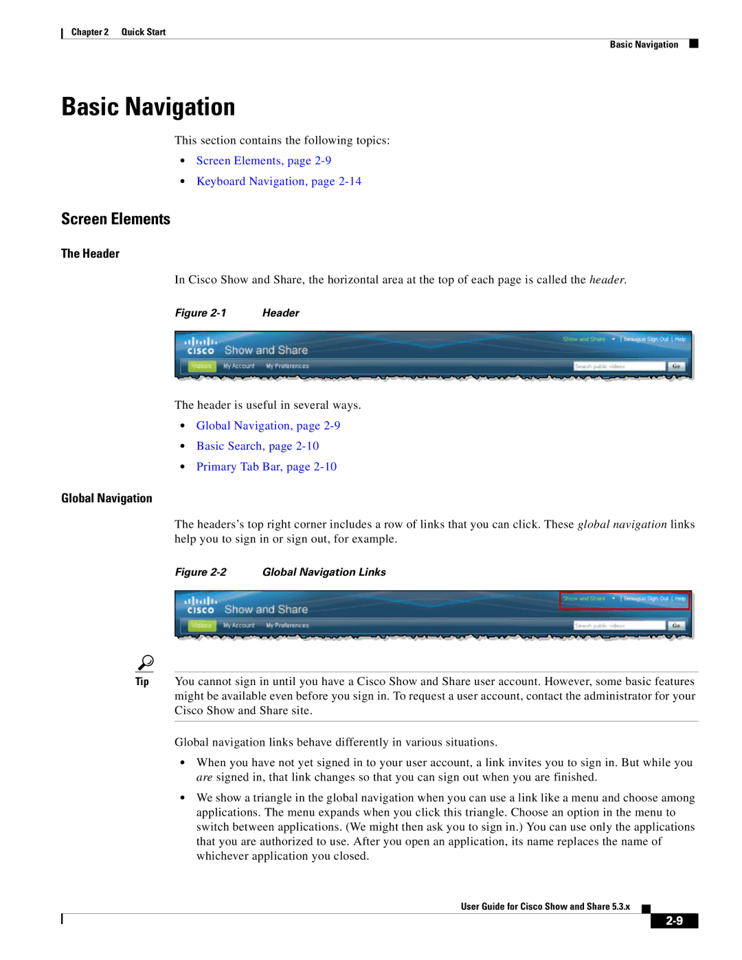 Cisco Systems 5.3.x manual Basic Navigation, Screen Elements, Header, Global Navigation 