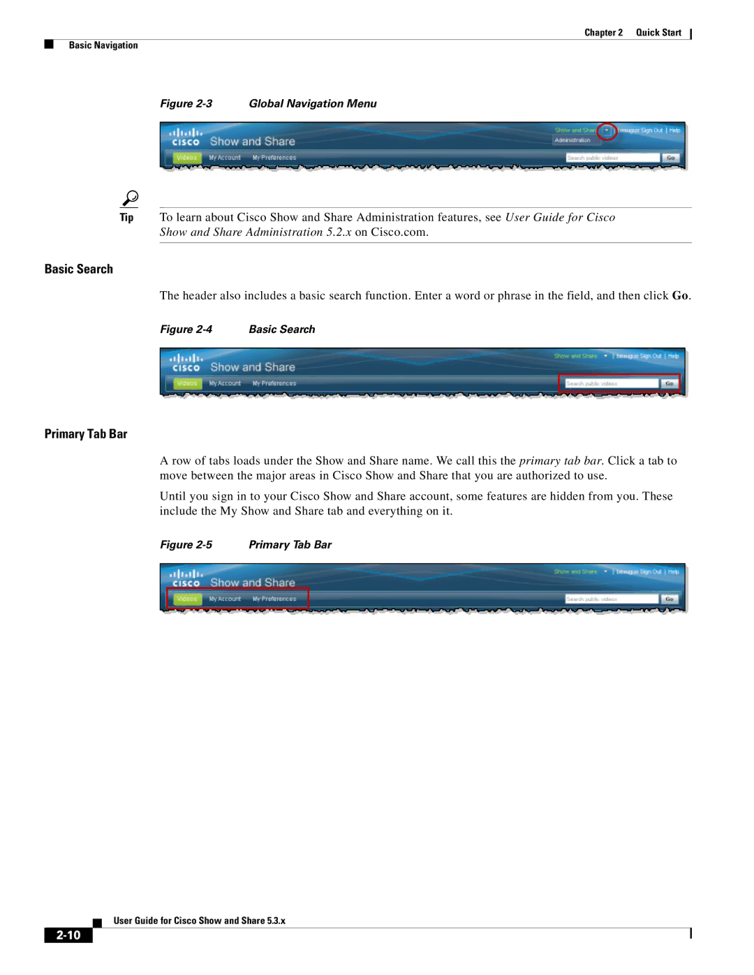 Cisco Systems 5.3.x manual Basic Search, Primary Tab Bar 