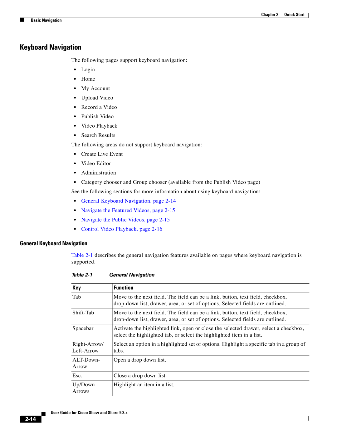 Cisco Systems 5.3.x manual General Keyboard Navigation, Key Function 