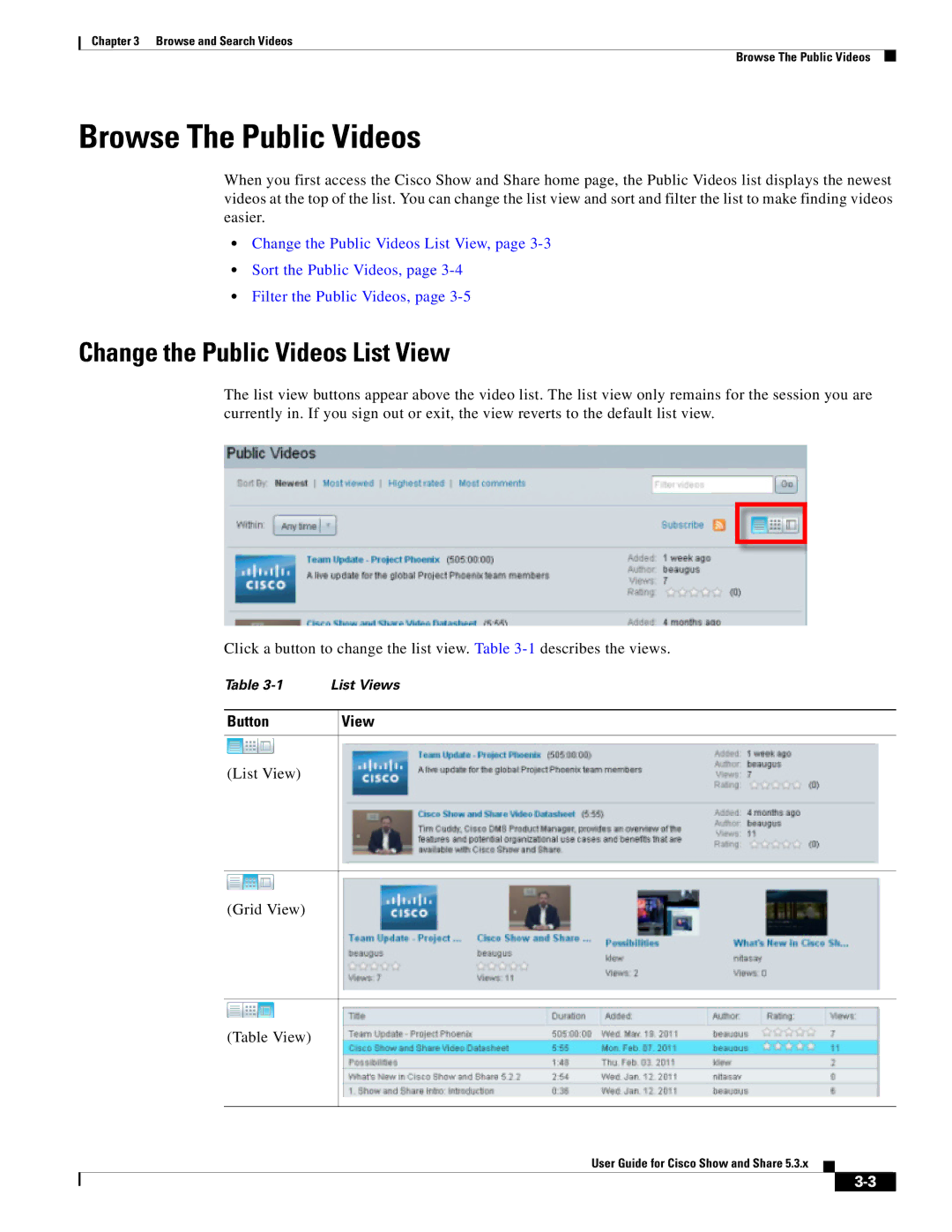 Cisco Systems 5.3.x manual Browse The Public Videos, Change the Public Videos List View, Button View 