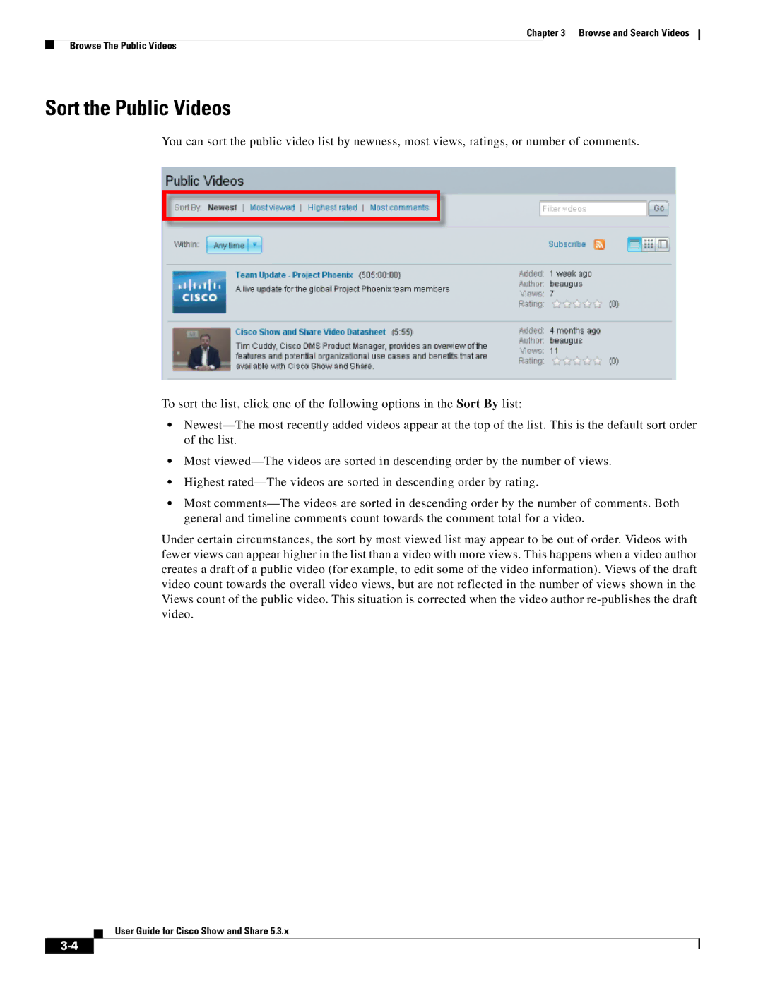 Cisco Systems 5.3.x manual Sort the Public Videos 
