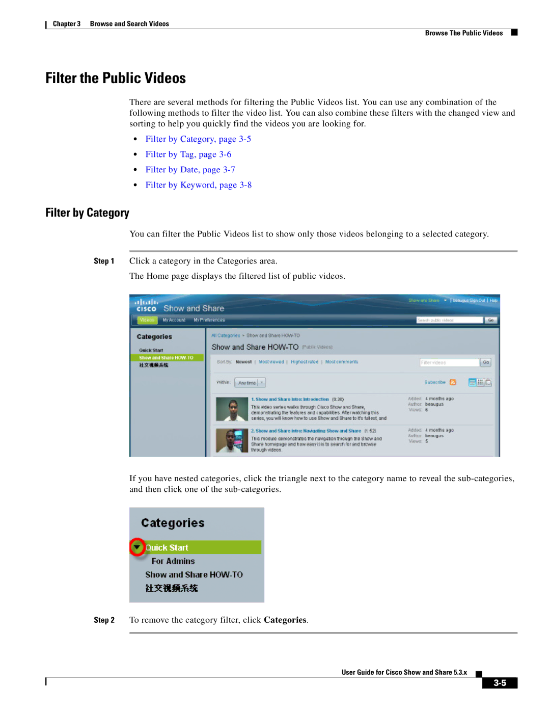 Cisco Systems 5.3.x manual Filter the Public Videos, Filter by Category 