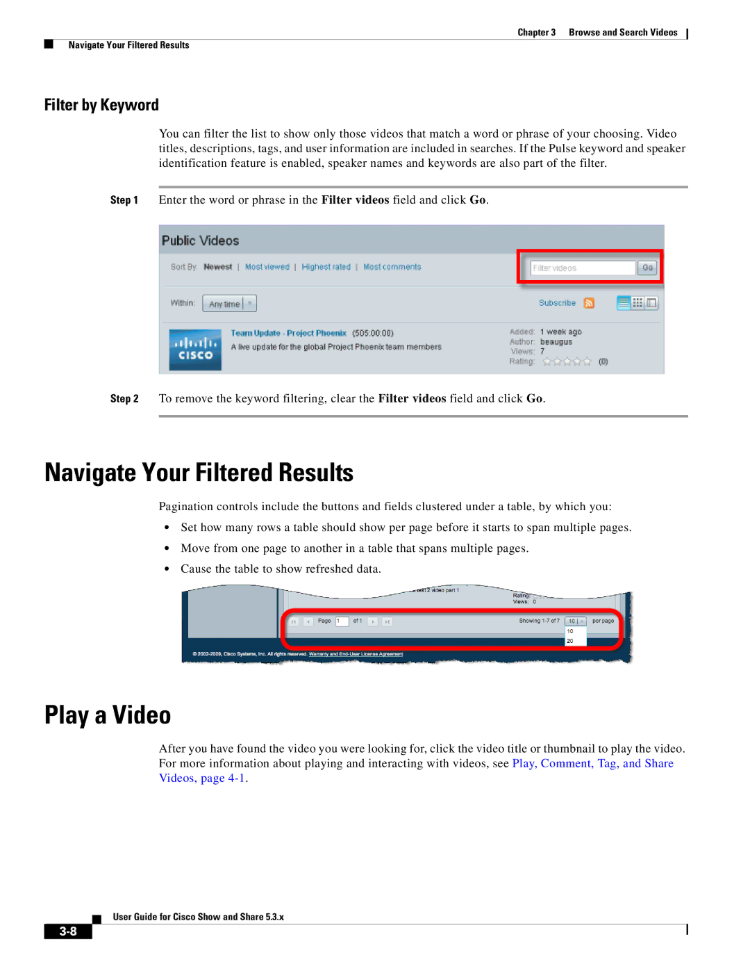 Cisco Systems 5.3.x manual Navigate Your Filtered Results, Play a Video, Filter by Keyword 