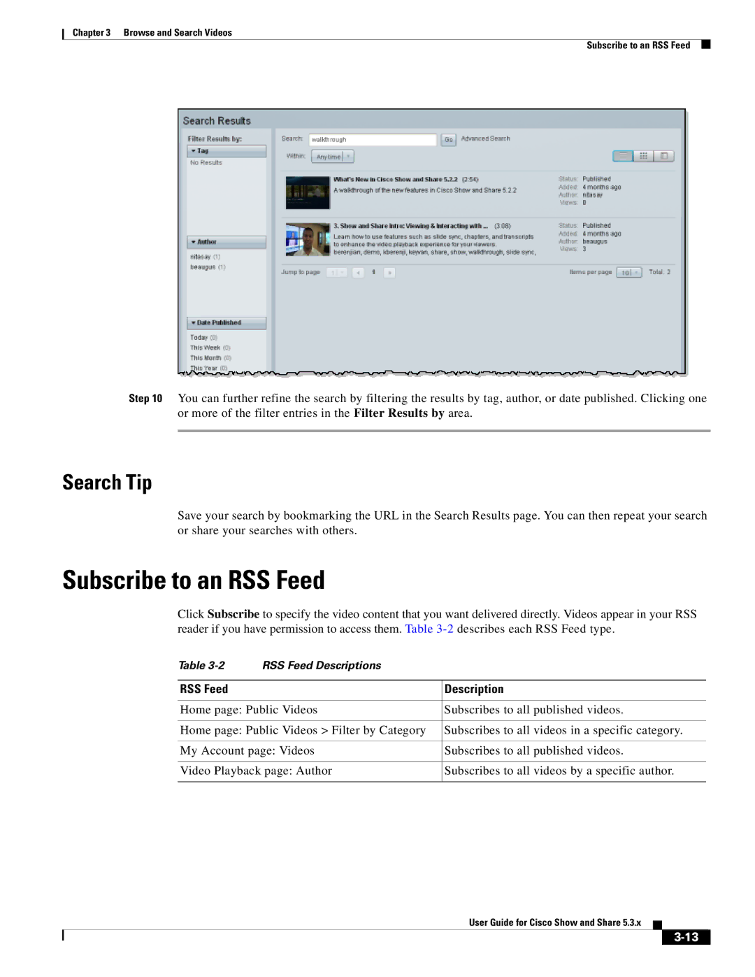 Cisco Systems 5.3.x manual Subscribe to an RSS Feed, Search Tip, RSS Feed Description 