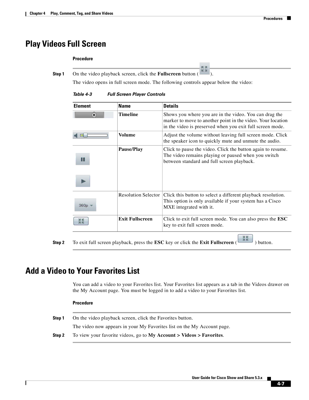 Cisco Systems 5.3.x manual Play Videos Full Screen, Add a Video to Your Favorites List, Element Name Details 