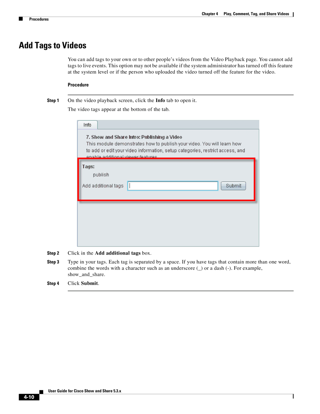 Cisco Systems 5.3.x manual Add Tags to Videos, Click in the Add additional tags box 