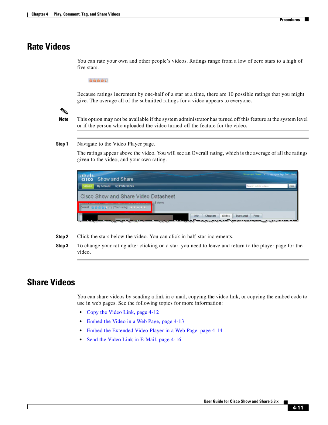 Cisco Systems 5.3.x manual Rate Videos, Share Videos 