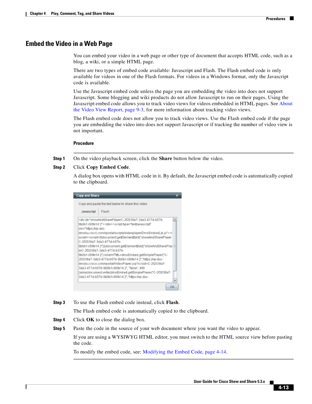 Cisco Systems 5.3.x manual Embed the Video in a Web, Click Copy Embed Code 