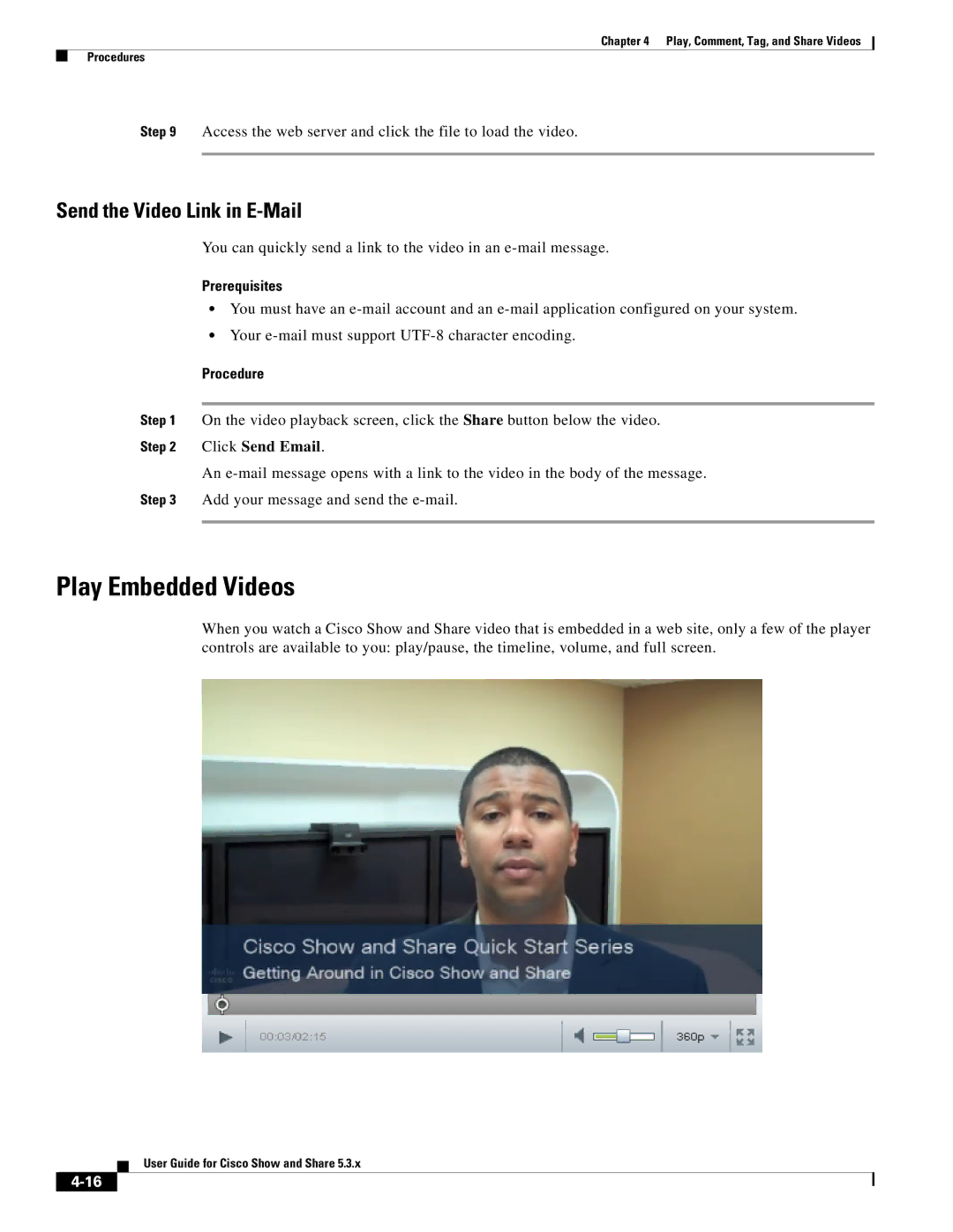 Cisco Systems 5.3.x manual Play Embedded Videos, Send the Video Link in E-Mail, Prerequisites, Click Send Email 