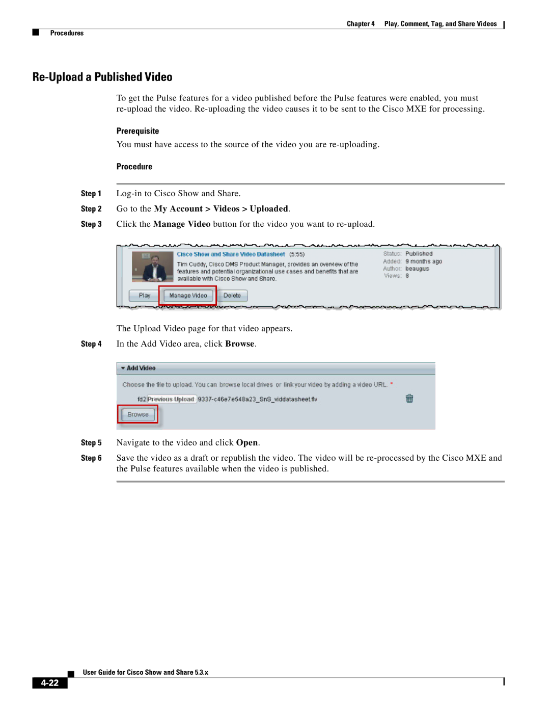 Cisco Systems 5.3.x manual Re-Upload a Published Video, Prerequisite, Go to the My Account Videos Uploaded 