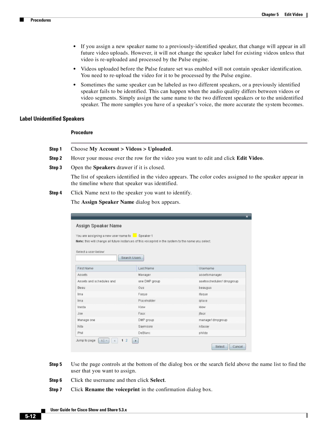 Cisco Systems 5.3.x manual Label Unidentified Speakers, Choose My Account Videos Uploaded 