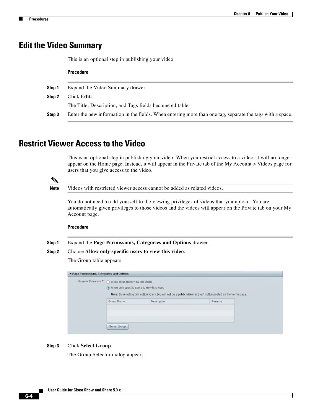Cisco Systems 5.3.x manual Edit the Video Summary, Restrict Viewer Access to the Video, Click Select Group 