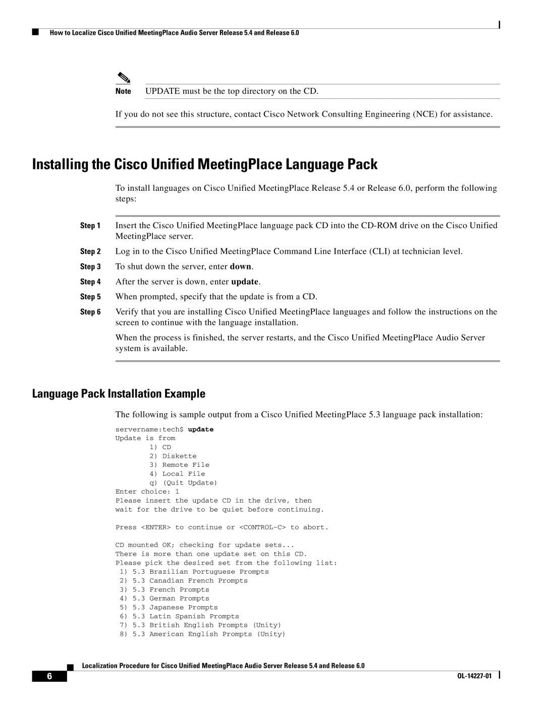 Cisco Systems 5.4, 6 manual Installing the Cisco Unified MeetingPlace Language Pack, Language Pack Installation Example 