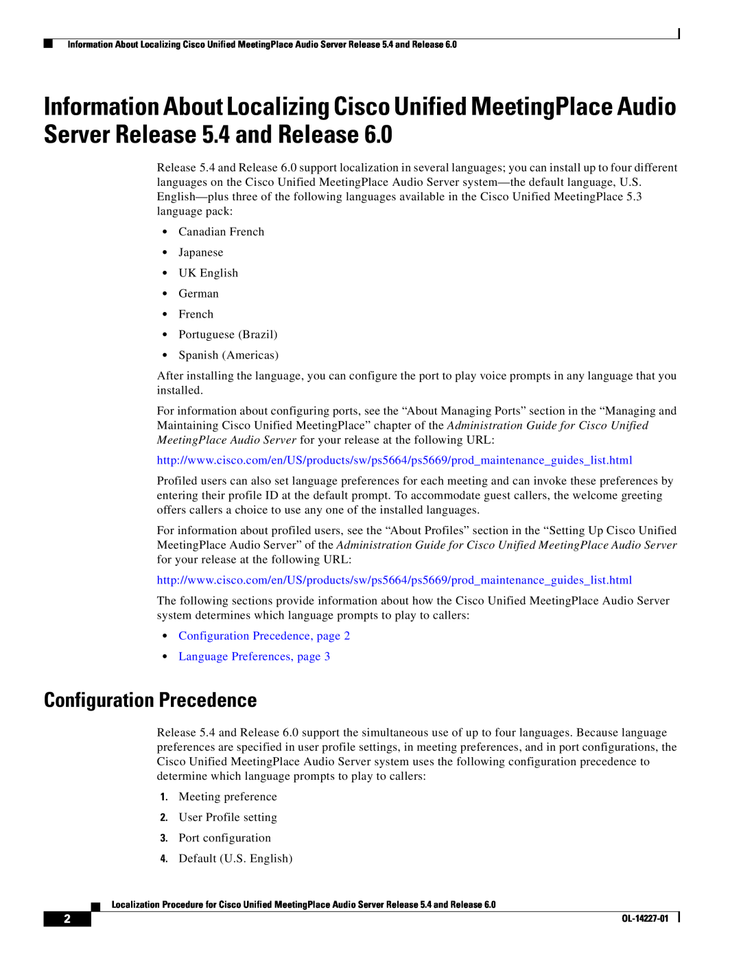 Cisco Systems 5.4, 6 manual Configuration Precedence, page Language Preferences, page 