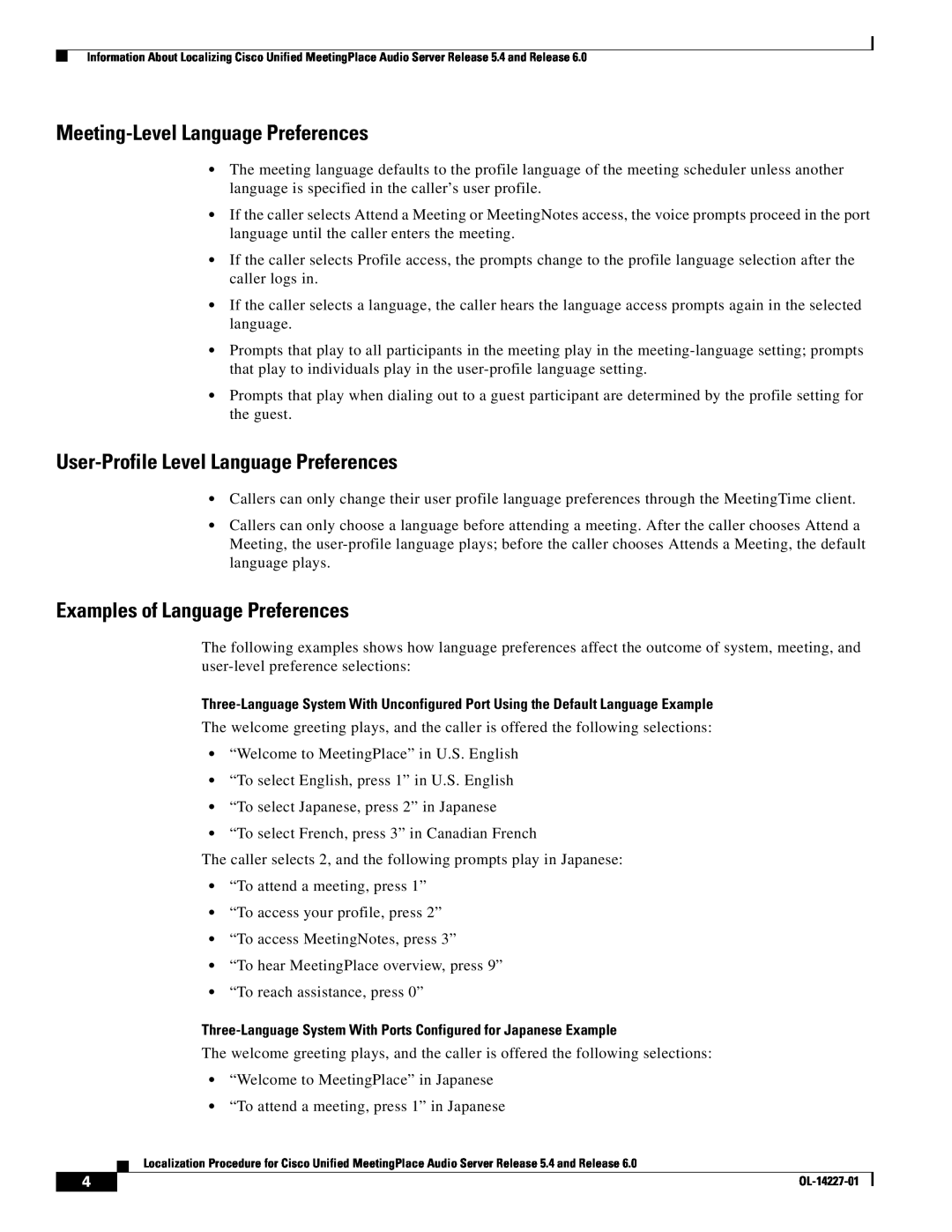 Cisco Systems 5.4, 6 manual Meeting-Level Language Preferences, User-Profile Level Language Preferences 