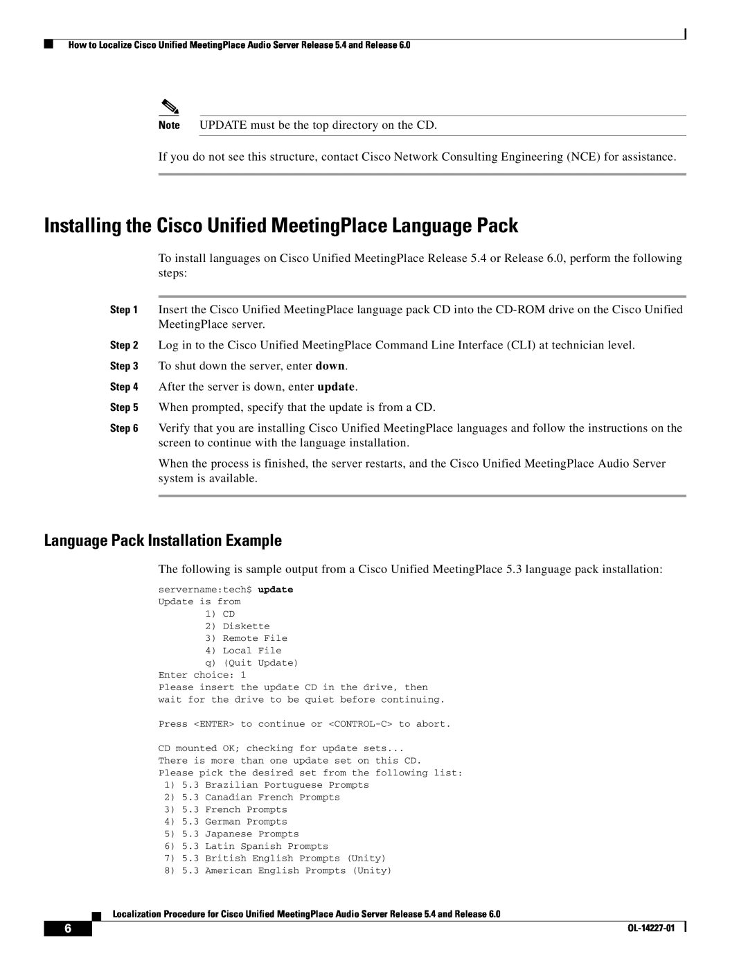 Cisco Systems 5.4, 6 manual Installing the Cisco Unified MeetingPlace Language Pack, Language Pack Installation Example 