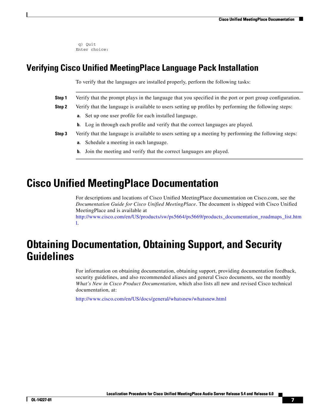 Cisco Systems 6 Cisco Unified MeetingPlace Documentation, Verifying Cisco Unified MeetingPlace Language Pack Installation 