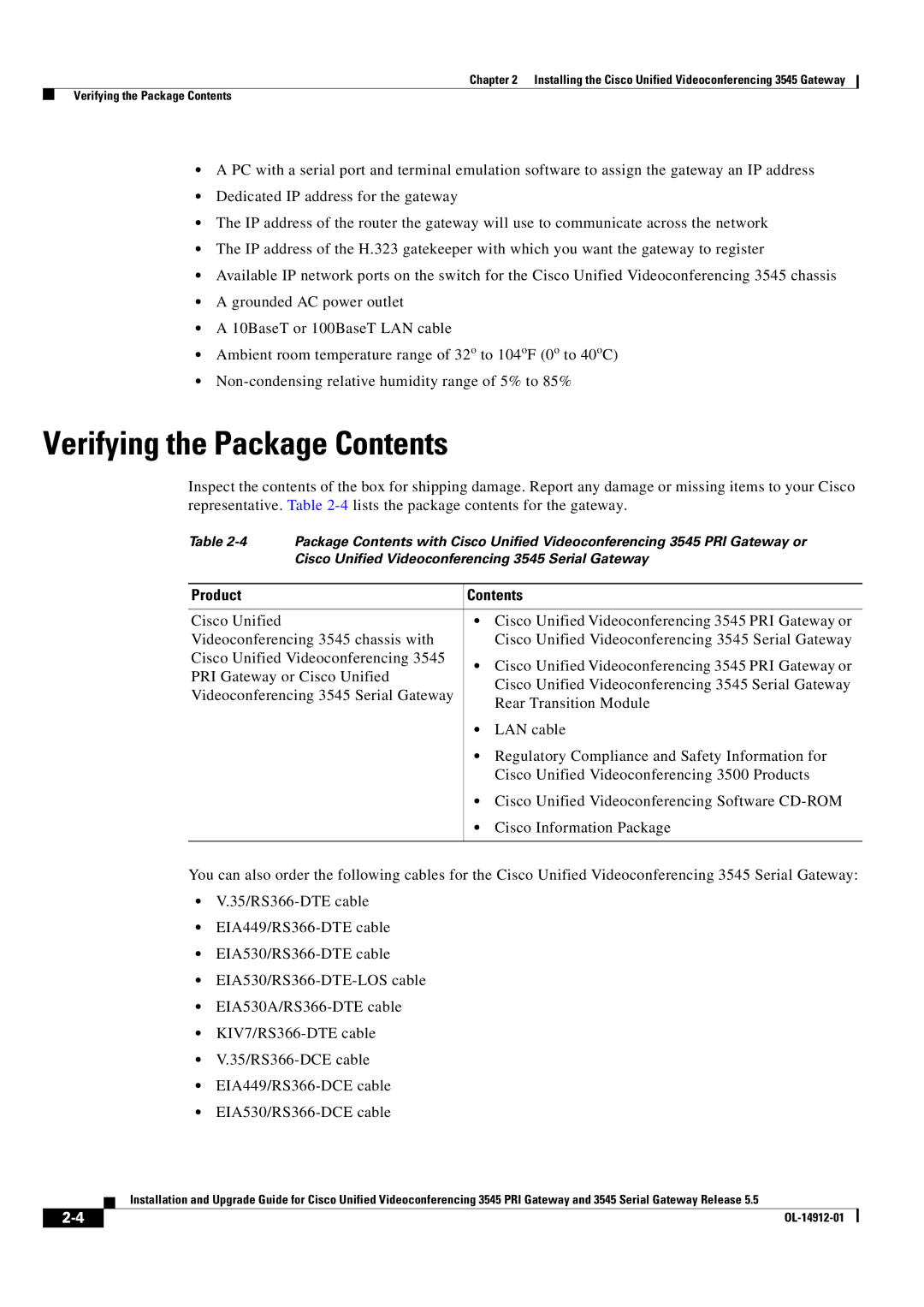 Cisco Systems 545 Serial manual Verifying the Package Contents 