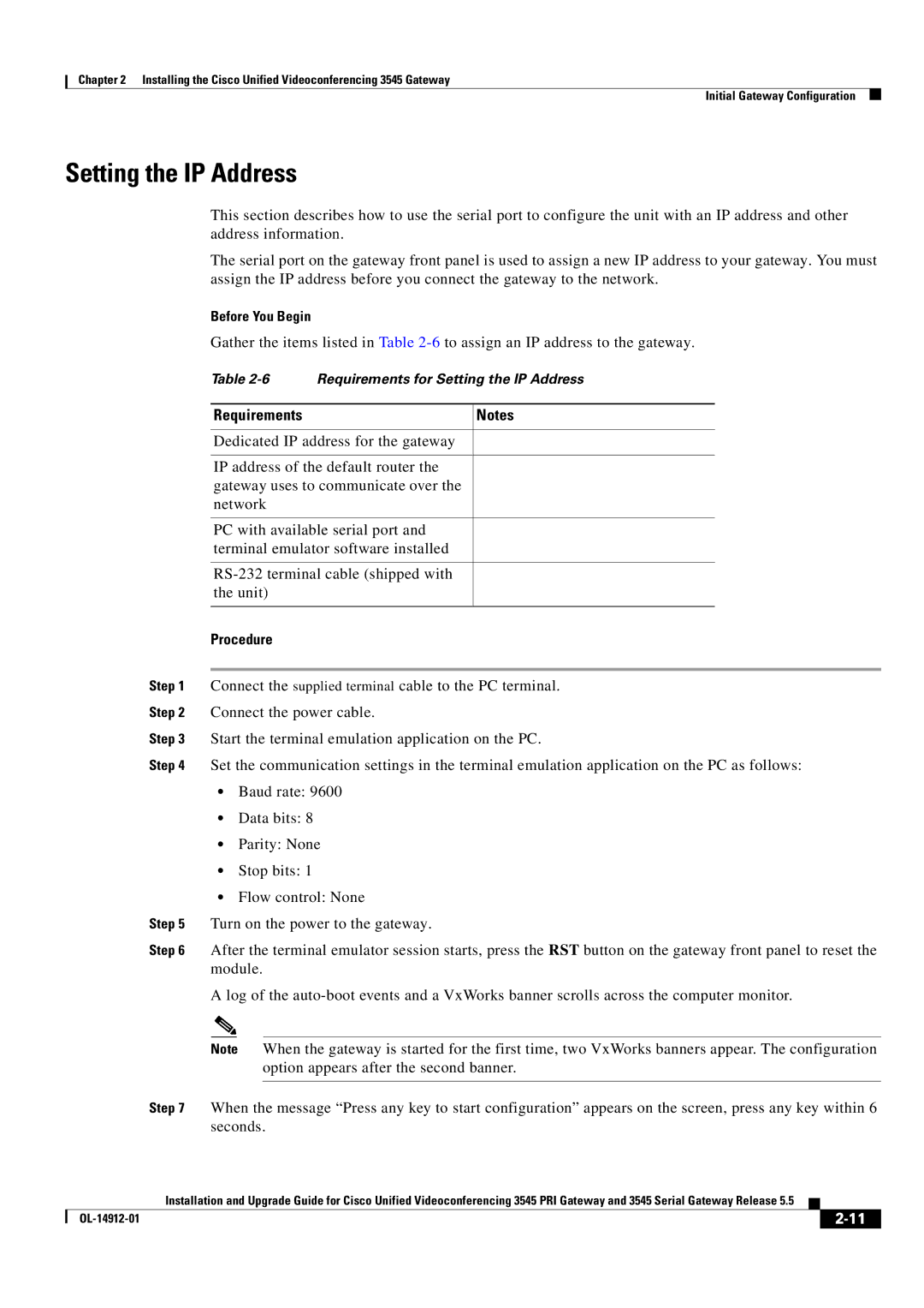 Cisco Systems 545 Serial manual Setting the IP Address, Requirements 