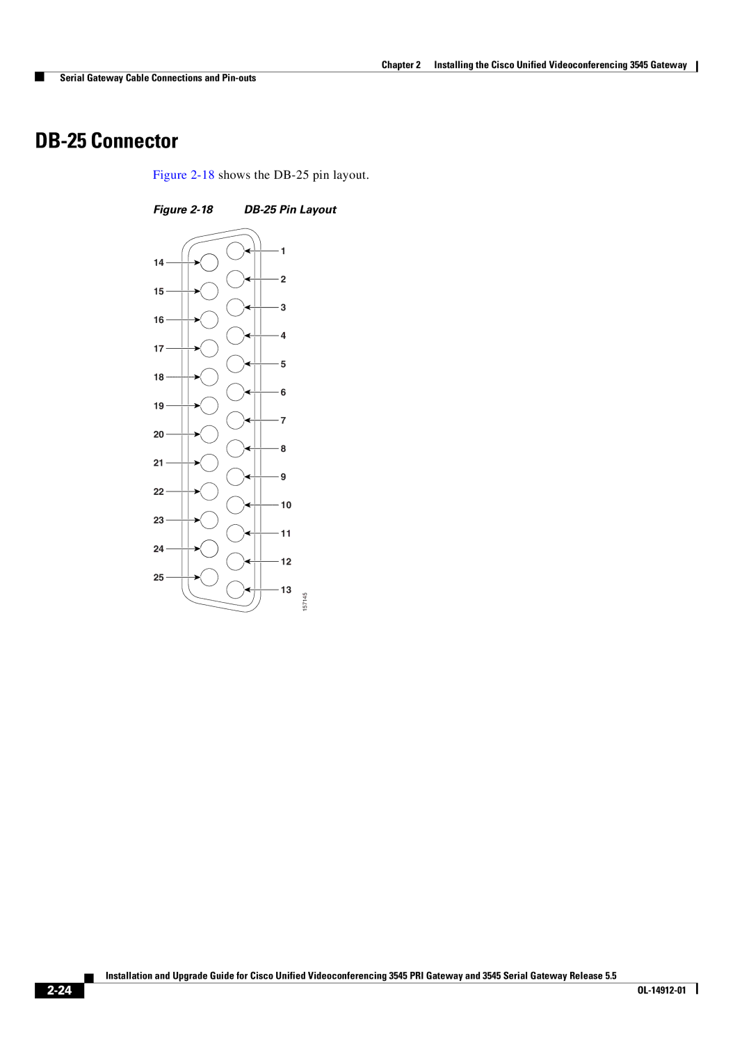 Cisco Systems 545 Serial manual DB-25 Connector, 18shows the DB-25 pin layout 