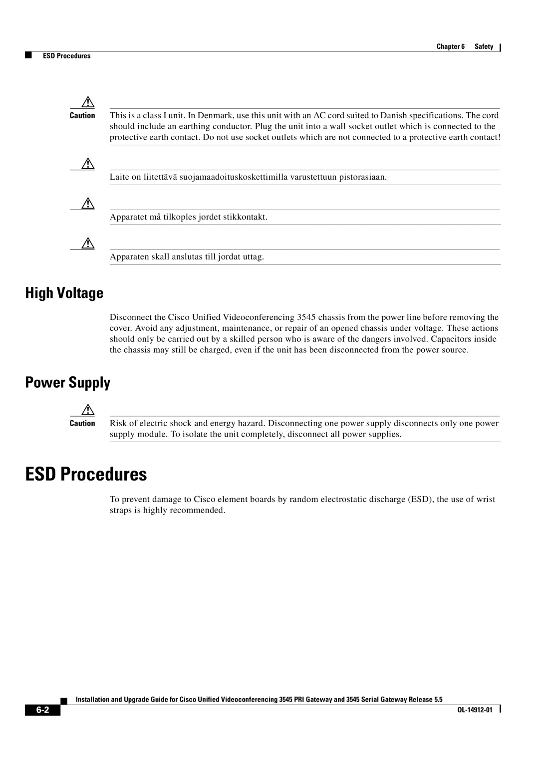 Cisco Systems 545 Serial manual ESD Procedures, High Voltage, Power Supply 