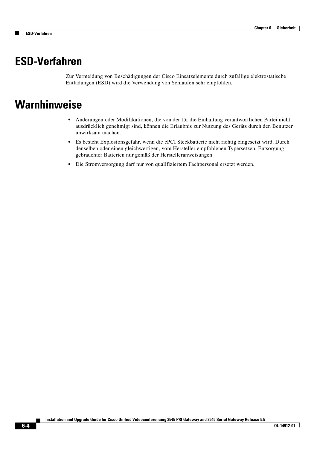 Cisco Systems 545 Serial manual ESD-Verfahren, Warnhinweise 