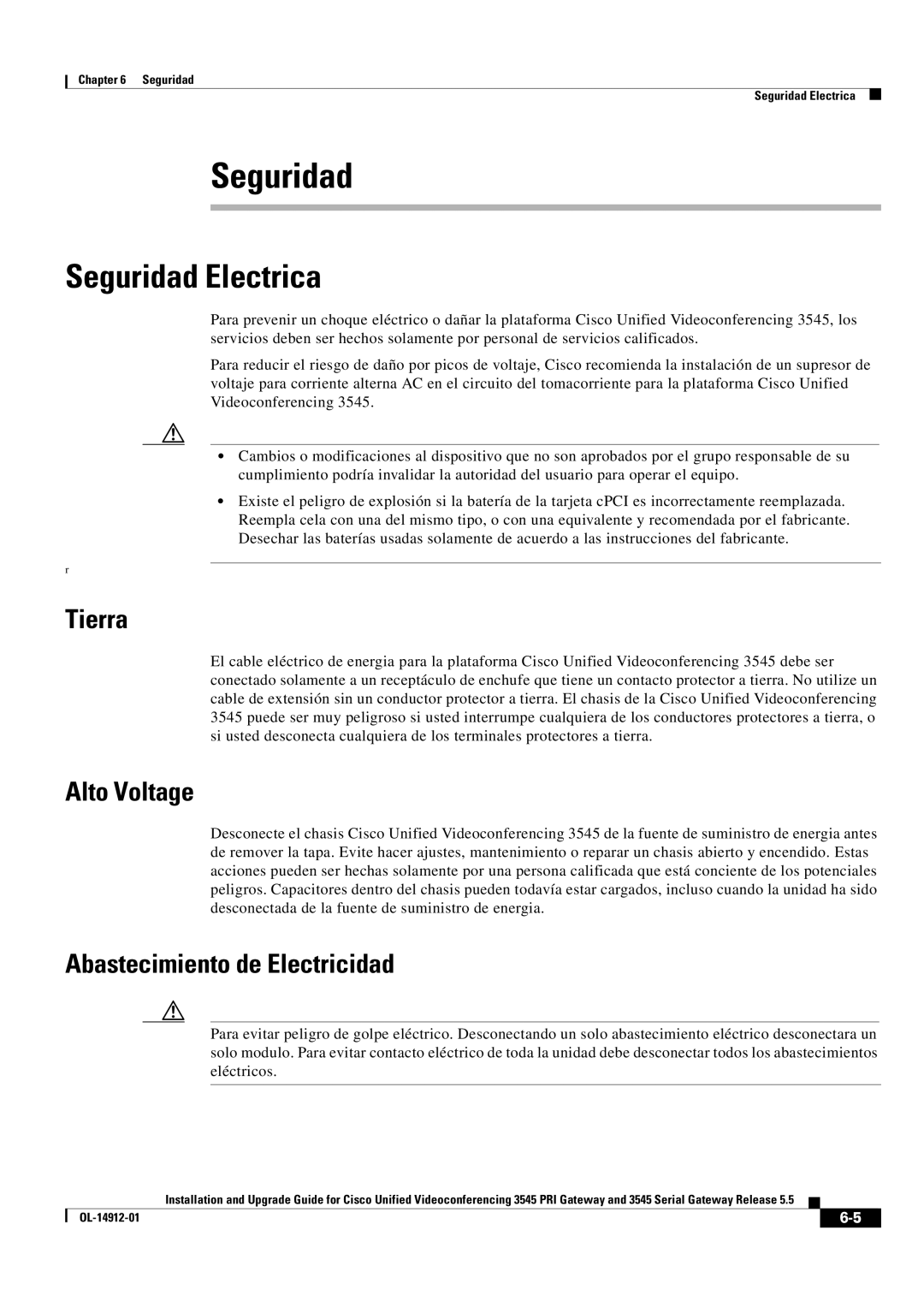 Cisco Systems 545 Serial manual Seguridad Electrica, Tierra, Alto Voltage, Abastecimiento de Electricidad 