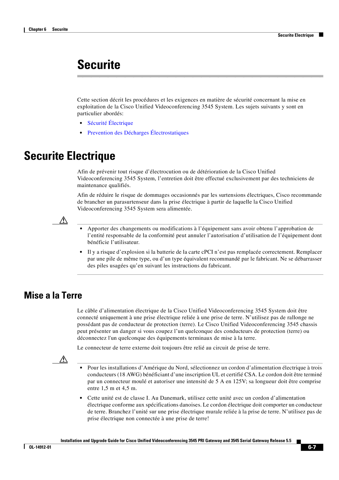 Cisco Systems 545 Serial manual Securite Electrique, Mise a la Terre 