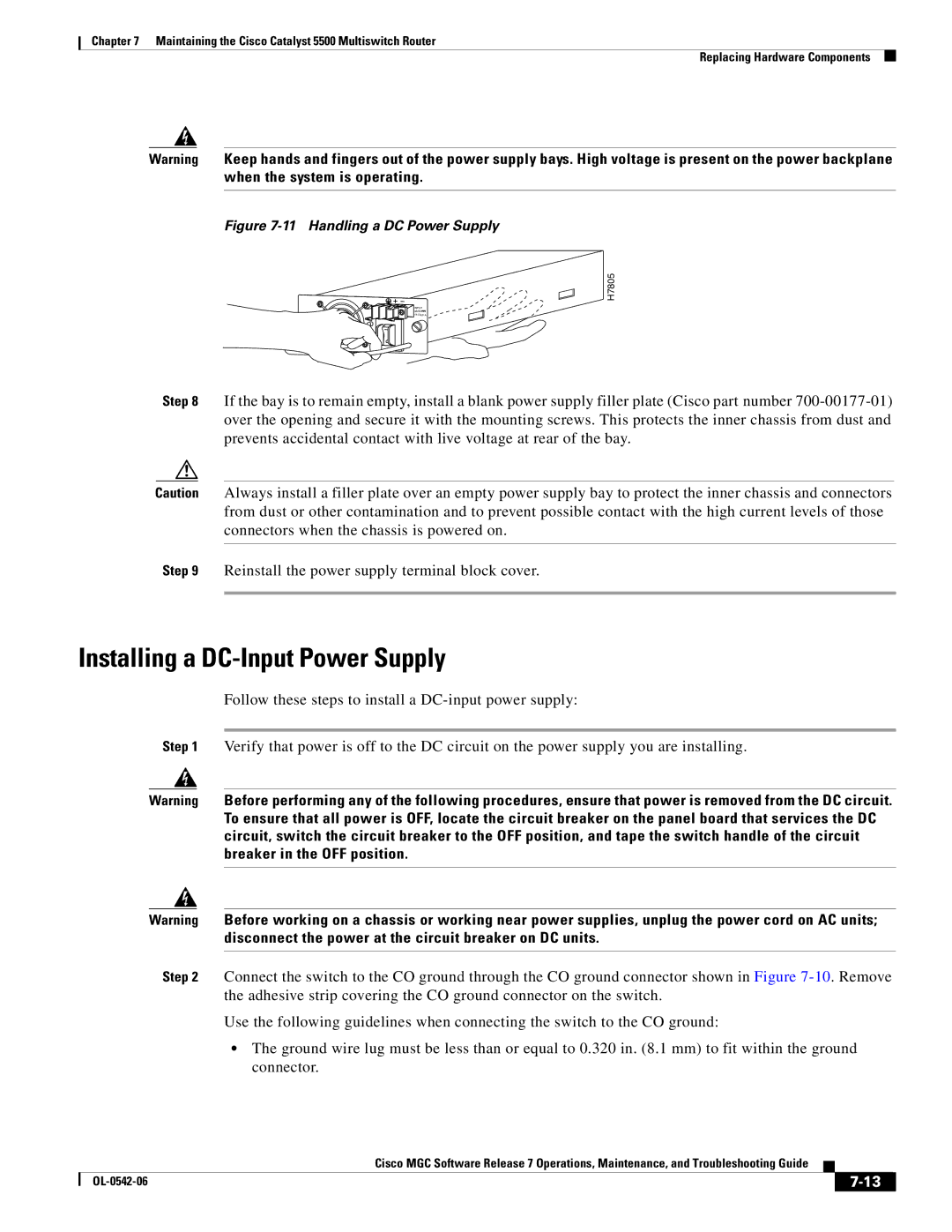 Cisco Systems 5500 manual Installing a DC-Input Power Supply, Handling a DC Power Supply 