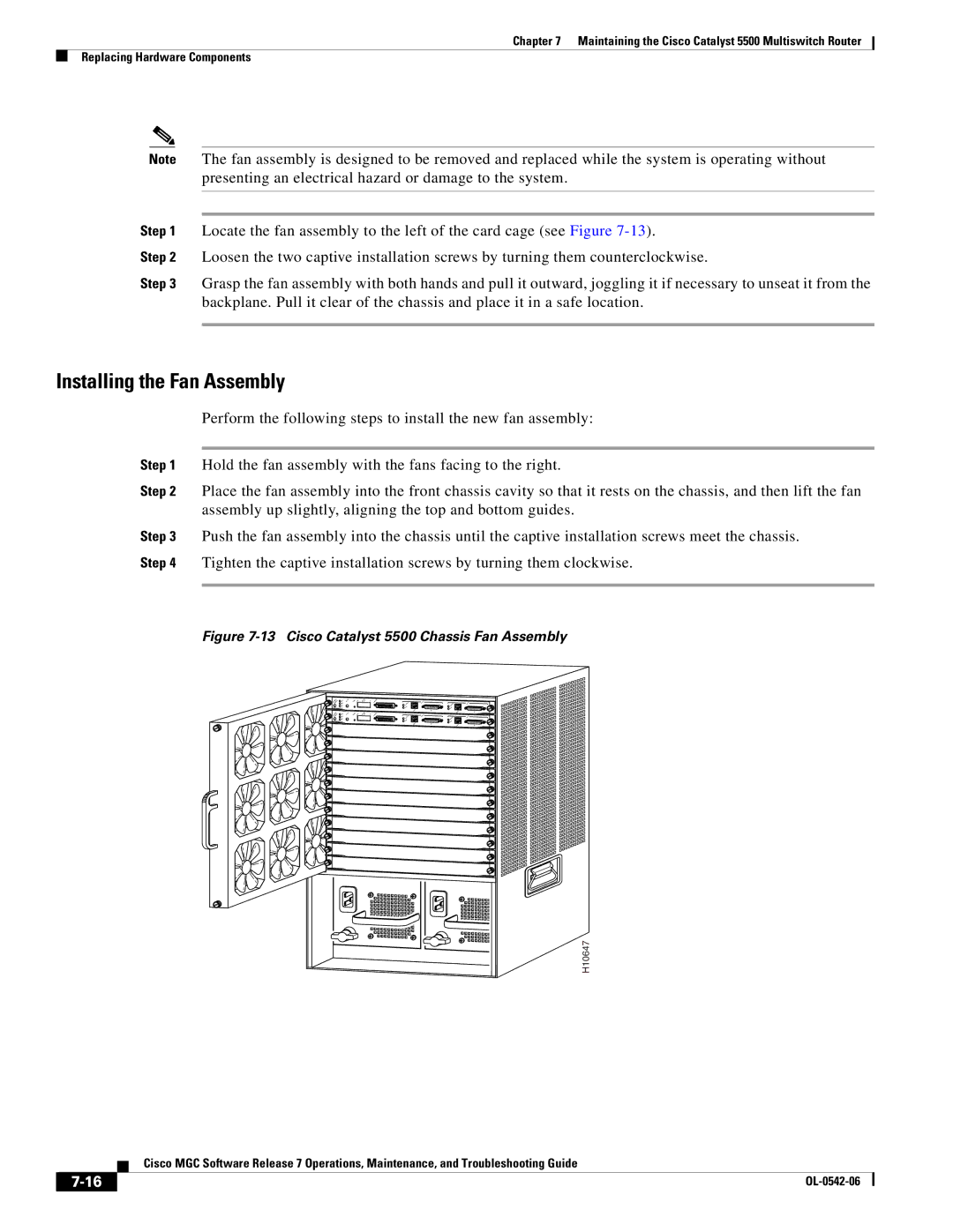 Cisco Systems manual Installing the Fan Assembly, Cisco Catalyst 5500 Chassis Fan Assembly 