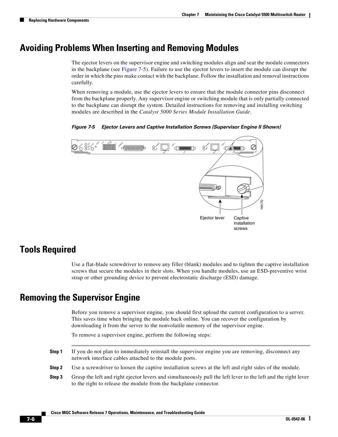 Cisco Systems 5500 Avoiding Problems When Inserting and Removing Modules, Tools Required, Removing the Supervisor Engine 