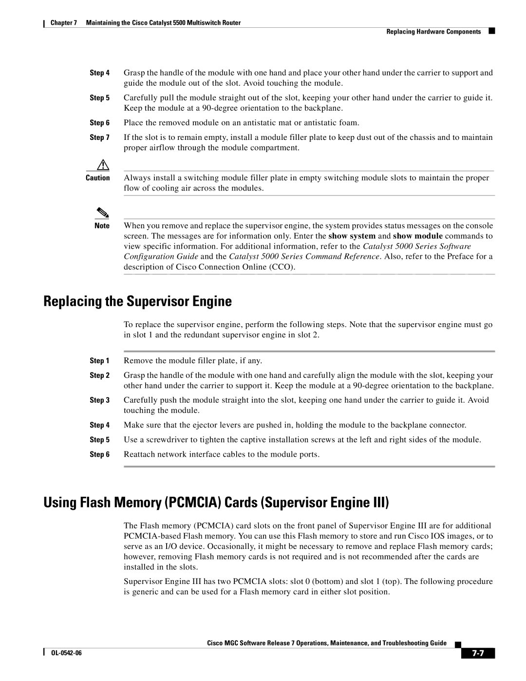 Cisco Systems 5500 manual Replacing the Supervisor Engine, Using Flash Memory Pcmcia Cards Supervisor Engine 