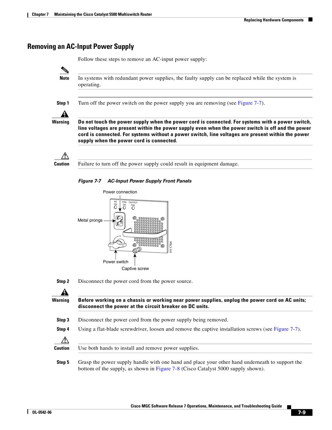 Cisco Systems 5500 manual Removing an AC-Input Power Supply, AC-Input Power Supply Front Panels 