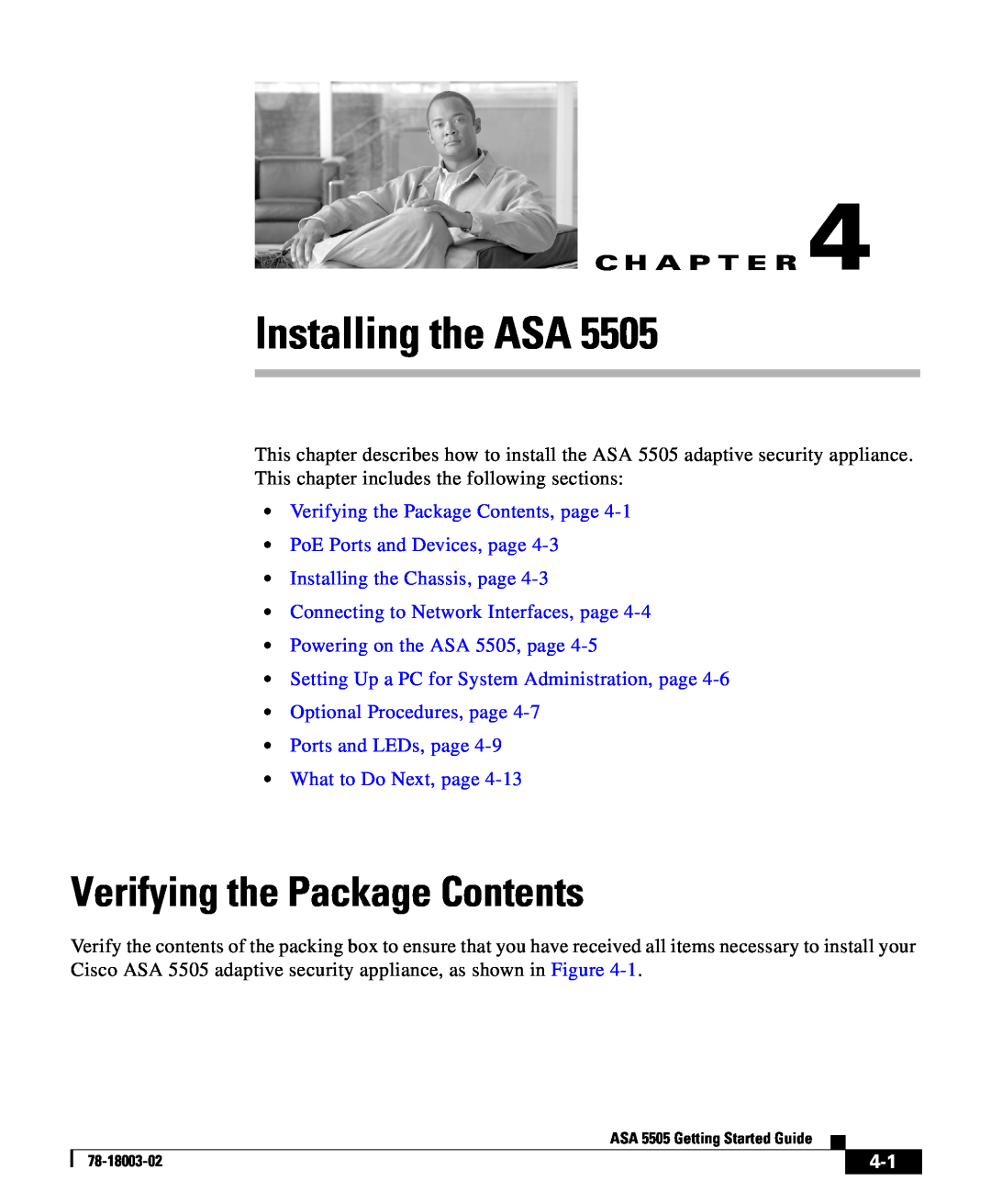 Cisco Systems 5505 manual Verifying the Package Contents, Installing the ASA, C H A P T E R 