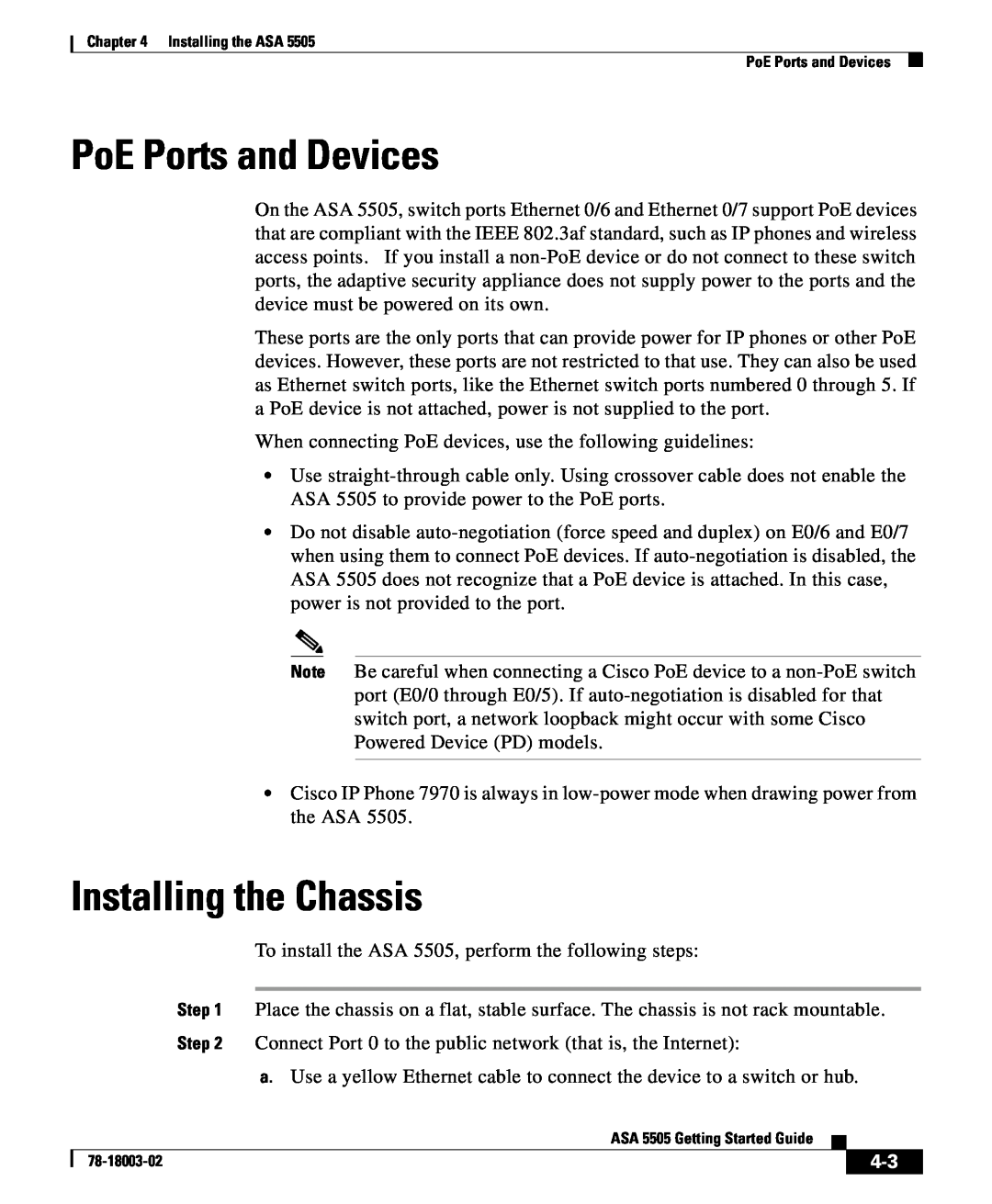 Cisco Systems 5505 manual PoE Ports and Devices, Installing the Chassis 